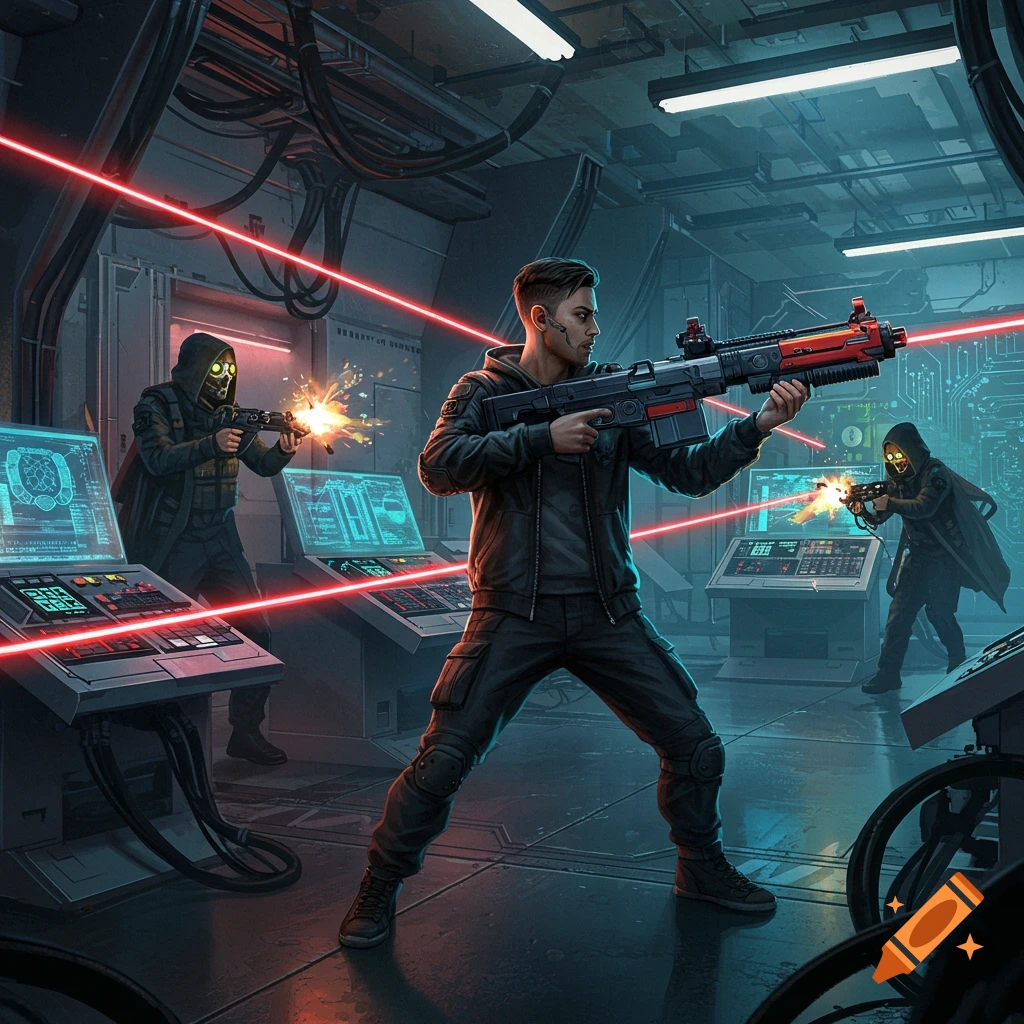 A man in a cybernetic lab shoots at two masked intruders with red laser beams.