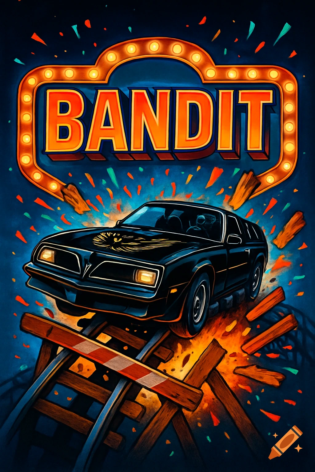 Stylized illustration of a black Pontiac Trans Am car jumping over a broken wooden roadblock on railway tracks, under a bright marquee sign that reads 'BANDIT'.