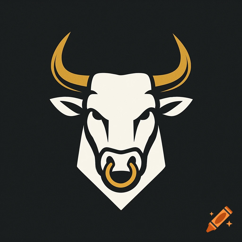 A minimalist white bull head logo with golden horns and a nose ring on a black background.