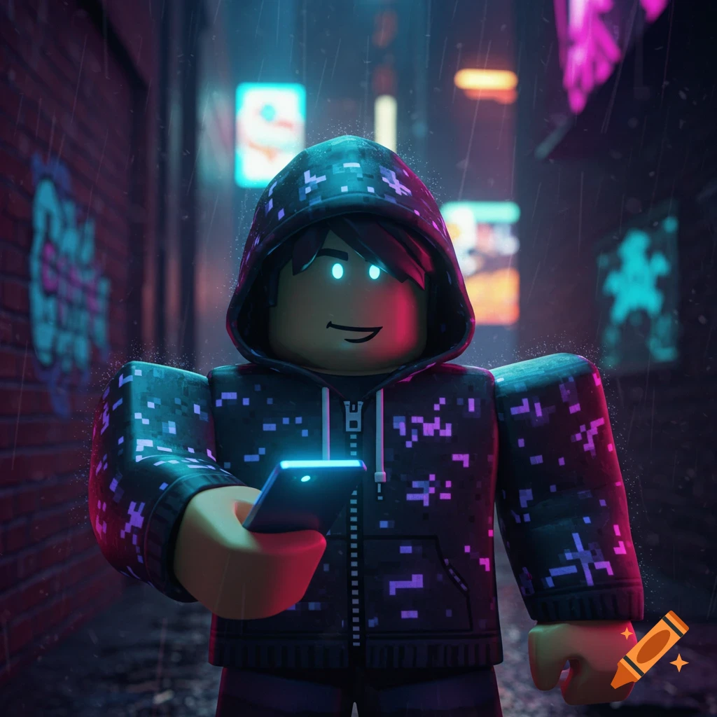 A Roblox character in a dark, rainy alleyway, wearing a pixelated hoodie and holding a glowing smartphone, illuminated by neon lights.