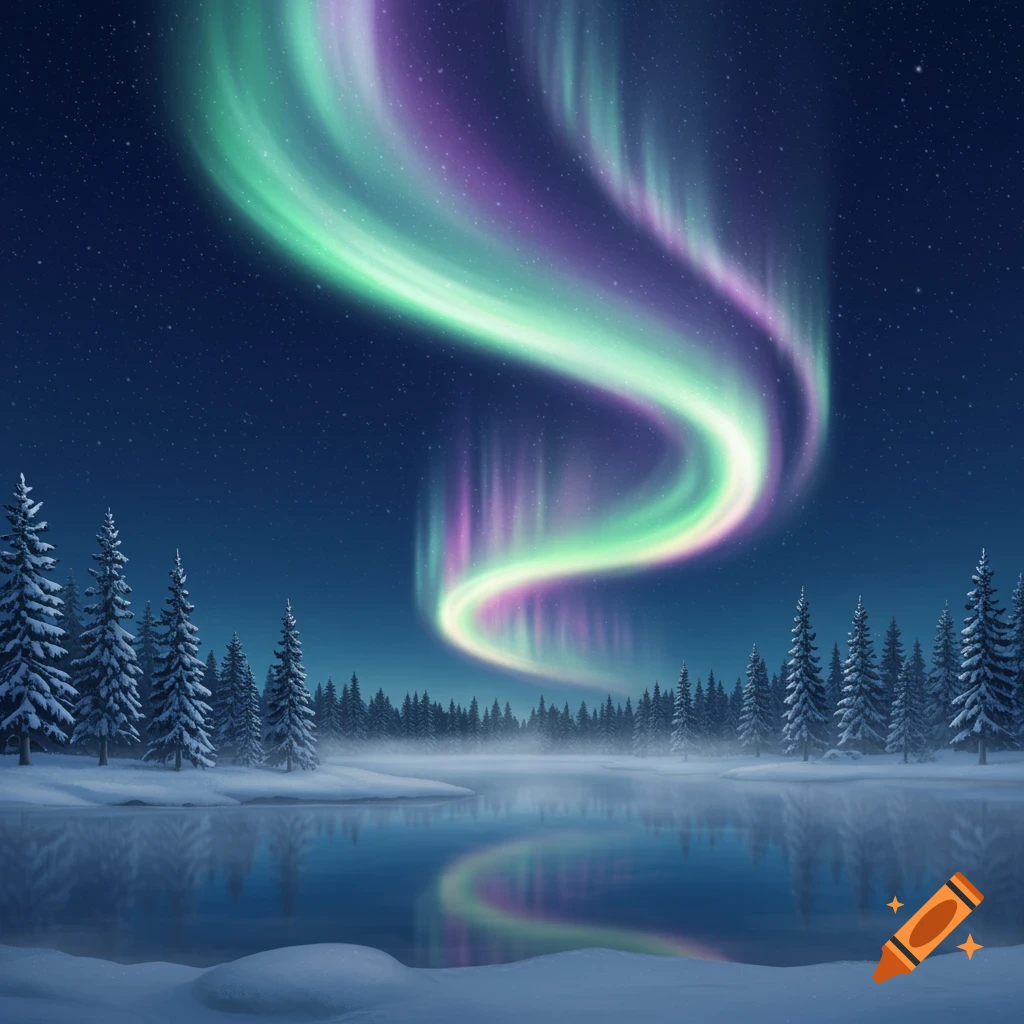 Vibrant green and purple aurora borealis swirl above a snowy forest and reflective lake under a starry night sky.