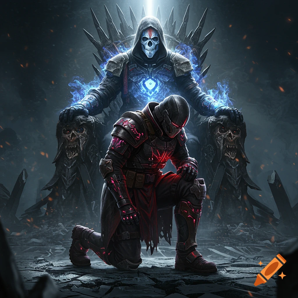A heavily armored warrior kneels before a hooded, skull-faced figure on a spiky, glowing throne amidst a dark, stylized scene.