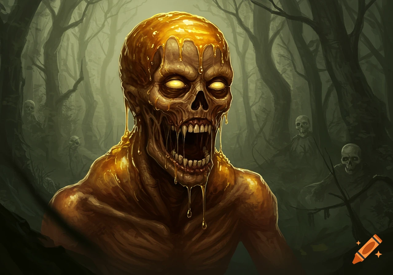 A close-up digital painting of a scary yellow honey zombie with glowing eyes and jagged teeth, set against a dark, misty forest background with other zombie figures.