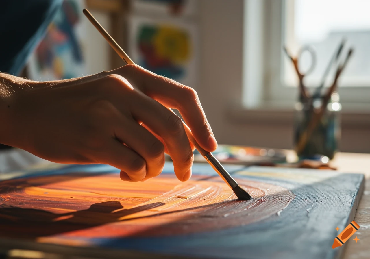 Close-up of a hand painting on a canvas with a brush, creating colorful strokes under warm light.