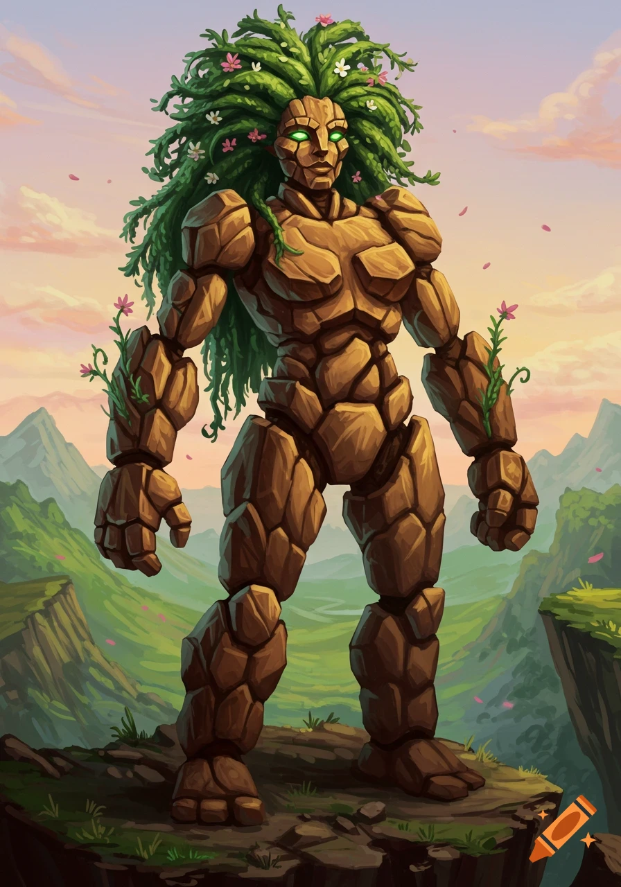 A brown female stone golem with green hair and flowers stands on a cliff overlooking a green valley at sunset.