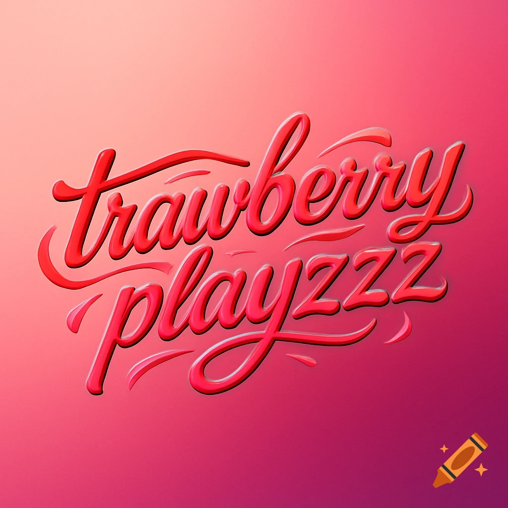 Red cursive text 'trawberry playzzz' with a glossy, volumetric effect on a pink to red gradient background.