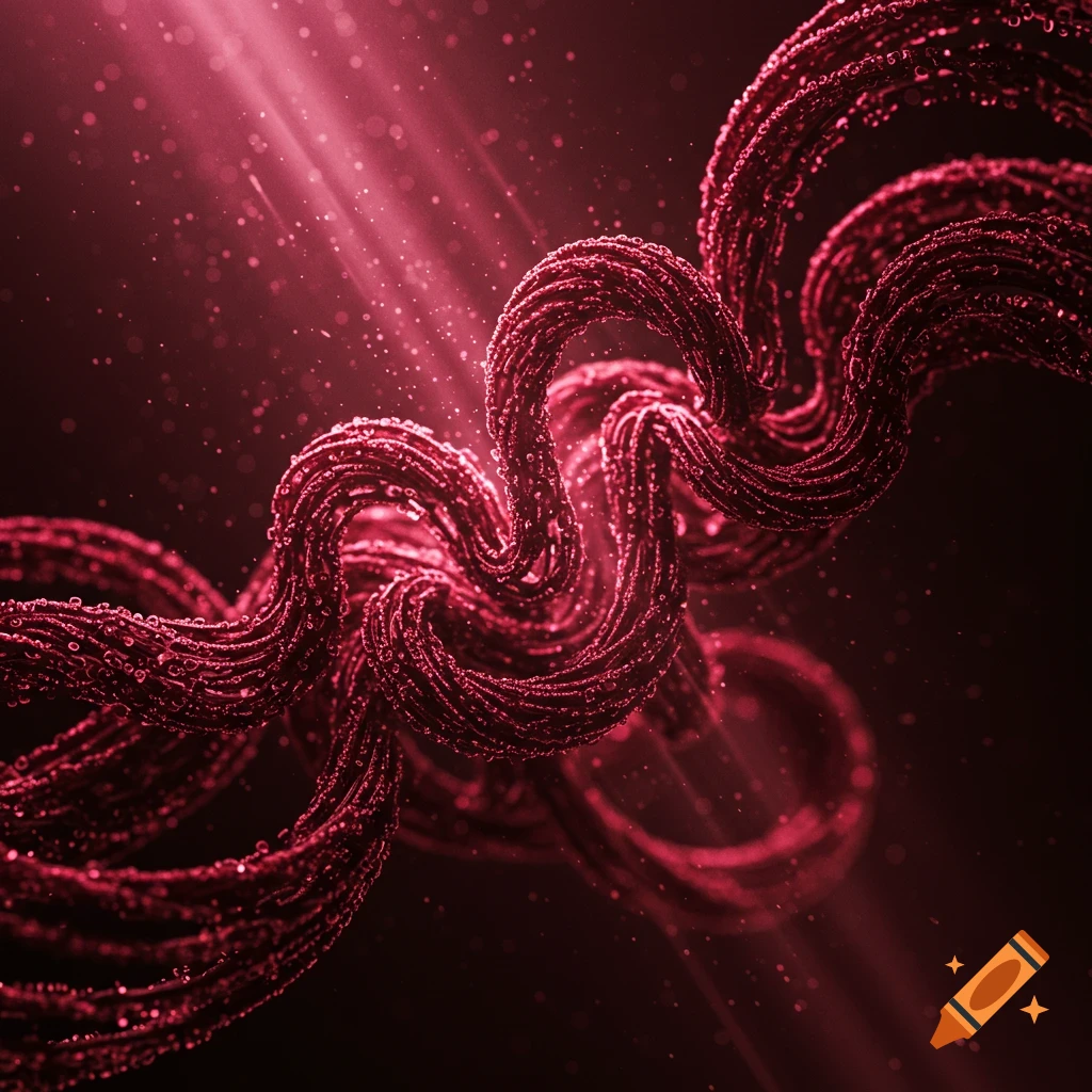 Abstract image of intertwined maroon textured strands with light rays and particles on a dark background.