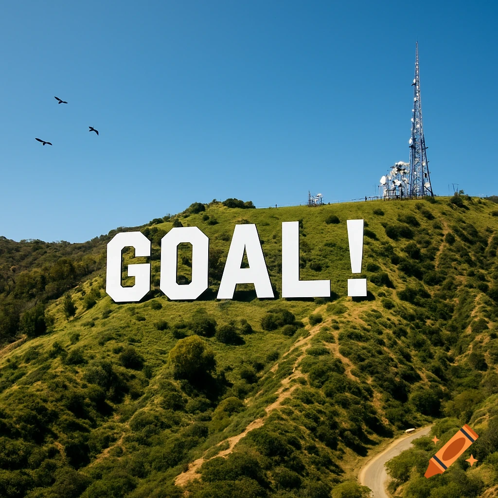 A large white sign spelling 'GOAL!' on a green hill, similar to the Hollywood sign, under a clear blue sky.