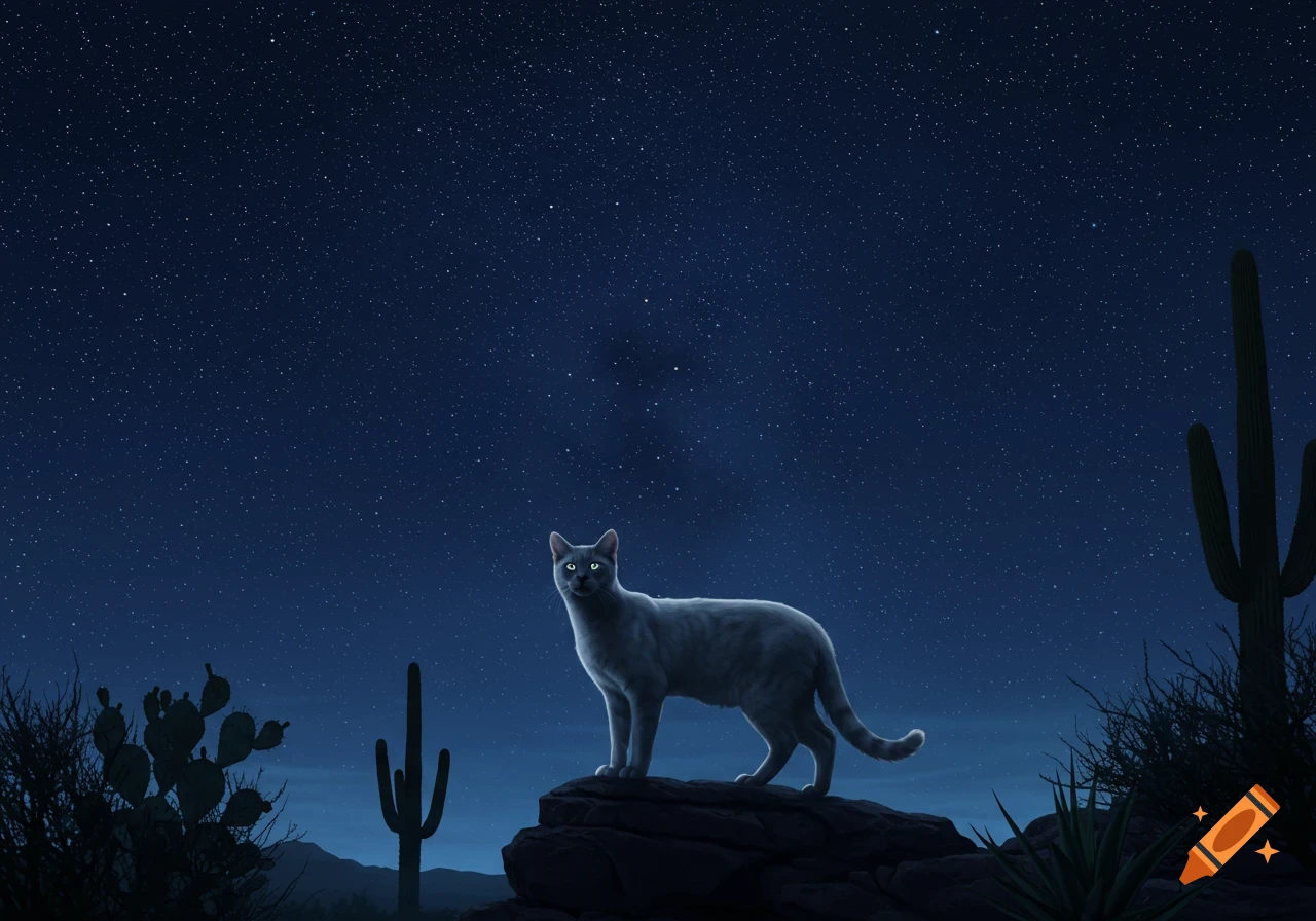 A grey cat stands on a rock under a vast, star-filled night sky with cacti in the desert.