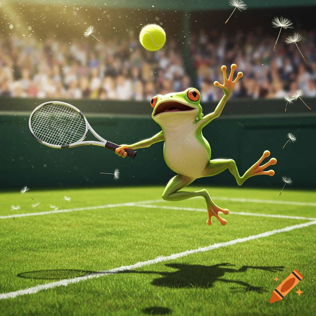 A whimsical cartoon frog leaps to hit a tennis ball with a racket on a sunny tennis court, with dandelion seeds floating in the air.