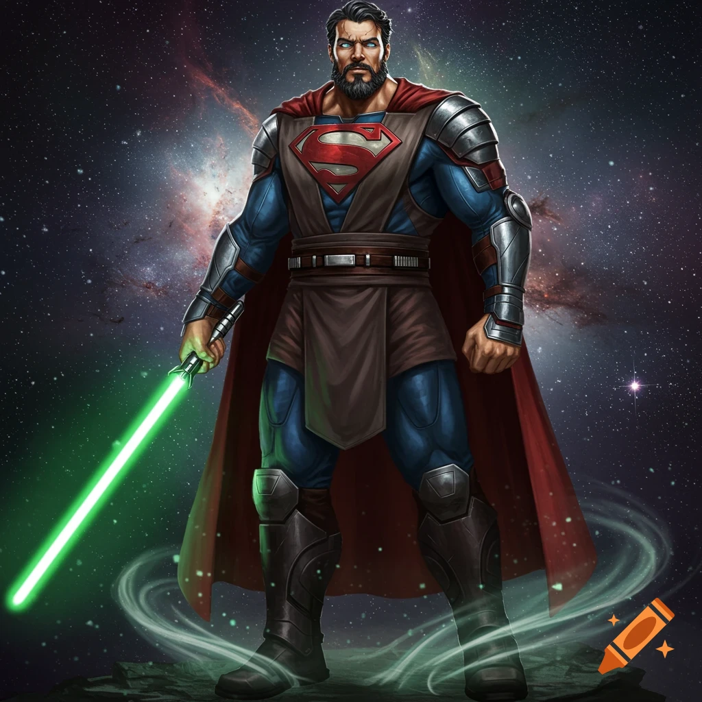 A muscular, bearded Superman, depicted as a Jedi Knight in red and blue armor with a red 'S' emblem, holding a green lightsaber against a starry cosmic background.