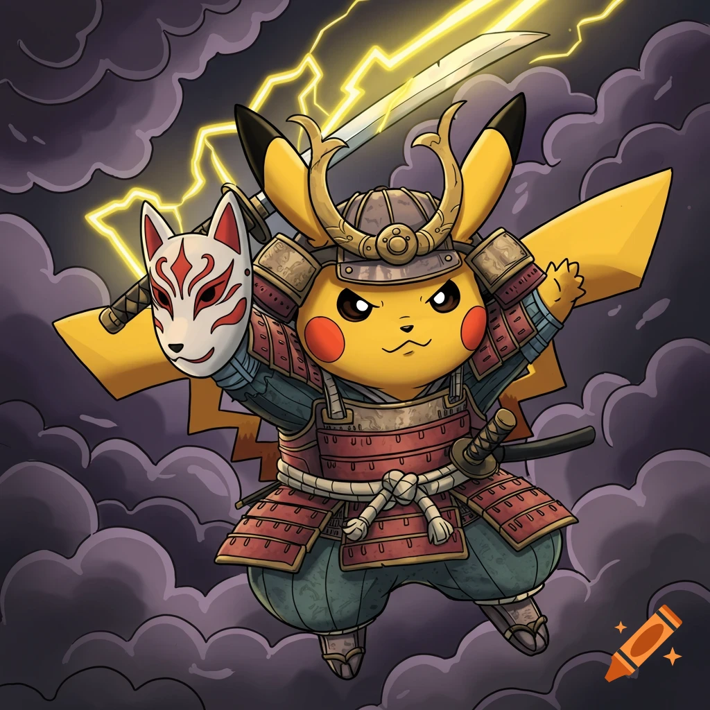 Pikachu dressed as a samurai with armor and helmet, holding a katana with lightning and a white kitsune mask. He is jumping amidst dark clouds.