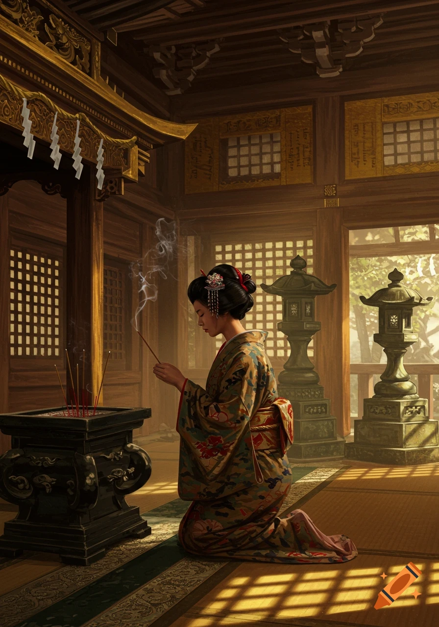 A woman in a colorful kimono kneels, holding an incense stick in a traditional Japanese temple, with light streaming through the windows.