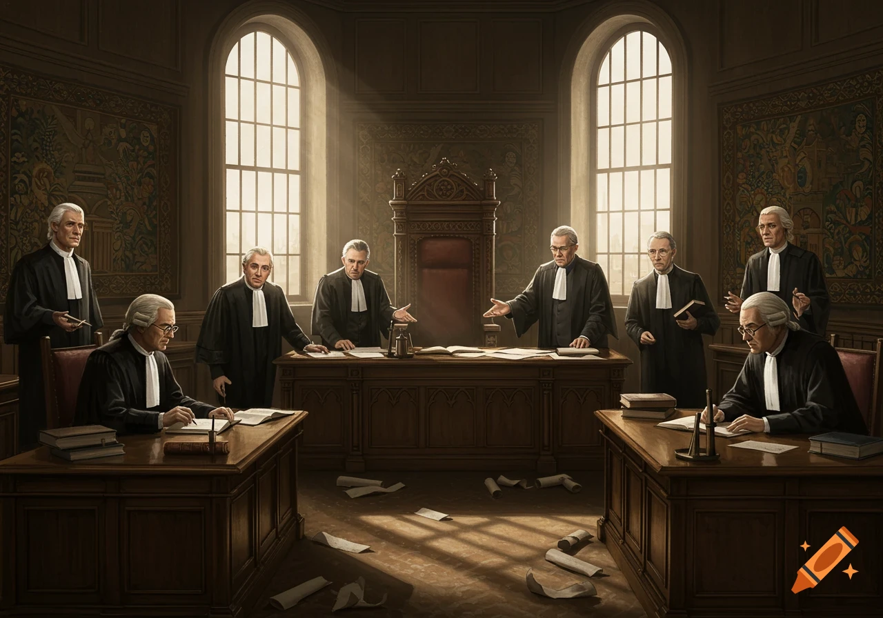 A classical painting depicting a group of lawyers or philosophers in a grand courtroom with an empty judge's chair, bathed in sunlight.