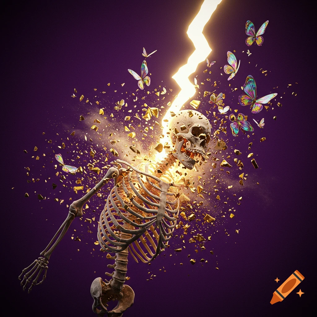 A skeleton is struck by a bright lightning bolt, disintegrating into a burst of golden fragments and colorful butterflies against a dark purple background.