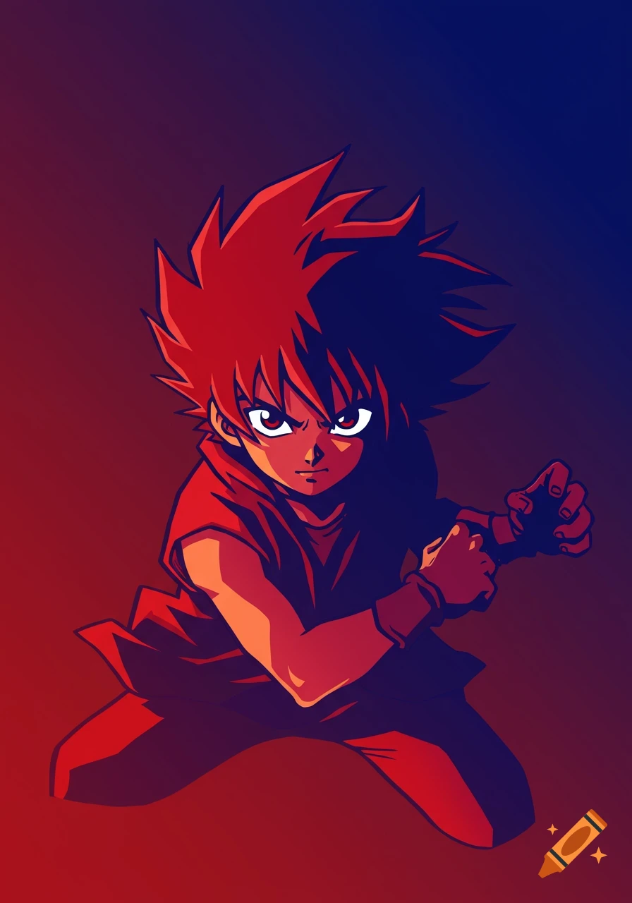 An anime-style boy with spiky red hair in a fighting stance against a red and blue gradient background.