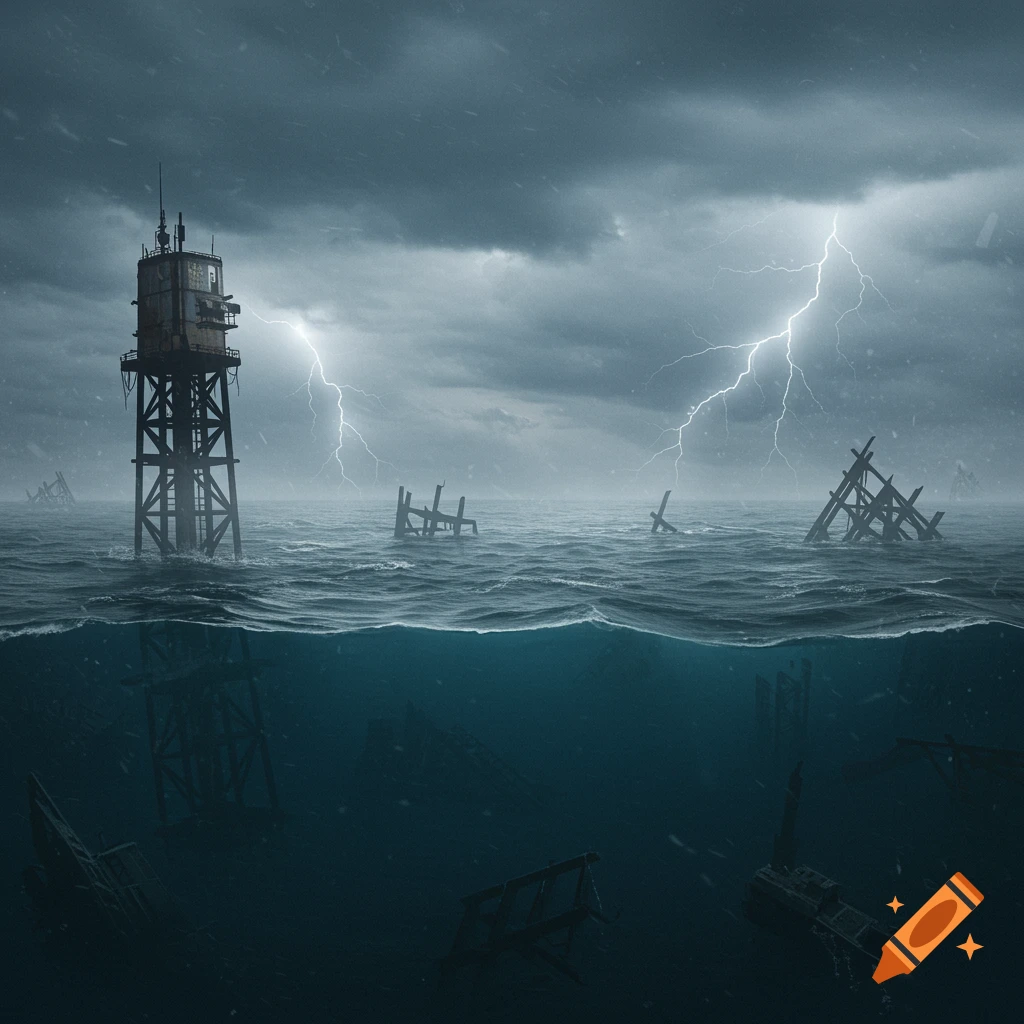 A photorealistic, dystopian scene of an isolated metal sea tower and submerged city ruins in a stormy ocean under a dark, lightning-filled sky.