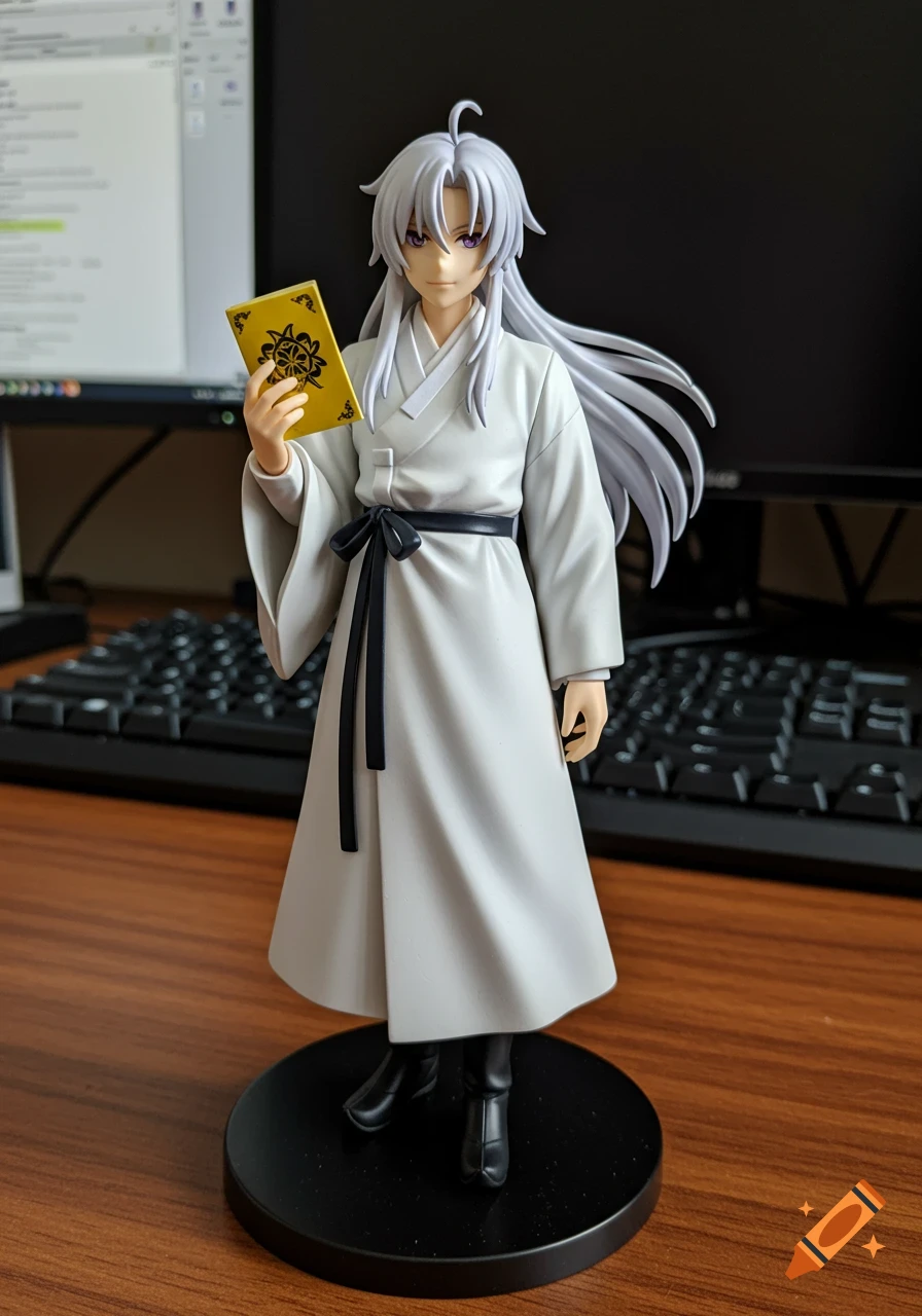 A photorealistic anime character figurine with silver-white hair, purple eyes, in a white Korean robe, holding a yellow book, on a wooden desk with a keyboard and monitor.