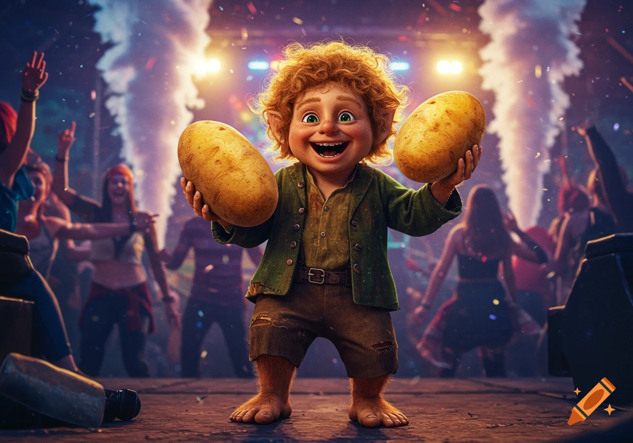 A happy cartoon hobbit-like creature holds two potatoes while standing in a lively concert crowd with smoke and lights.