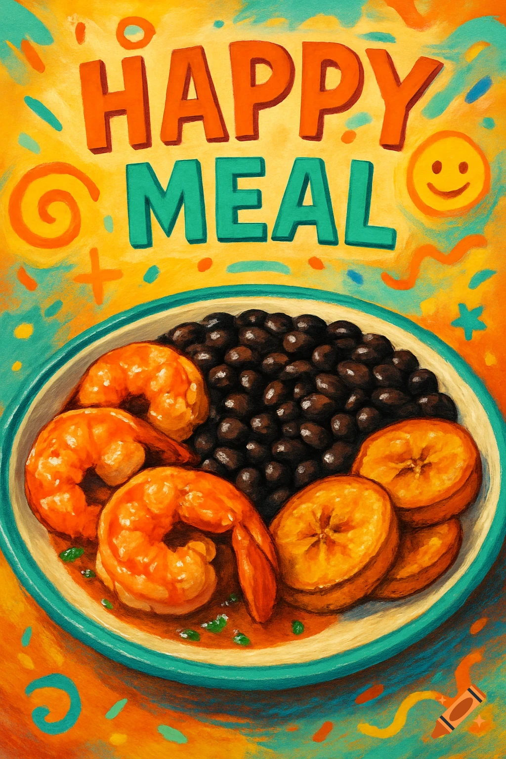 A vibrant illustration of a plate with shrimp, black beans, and fried bananas, with 'HAPPY MEAL' text above.