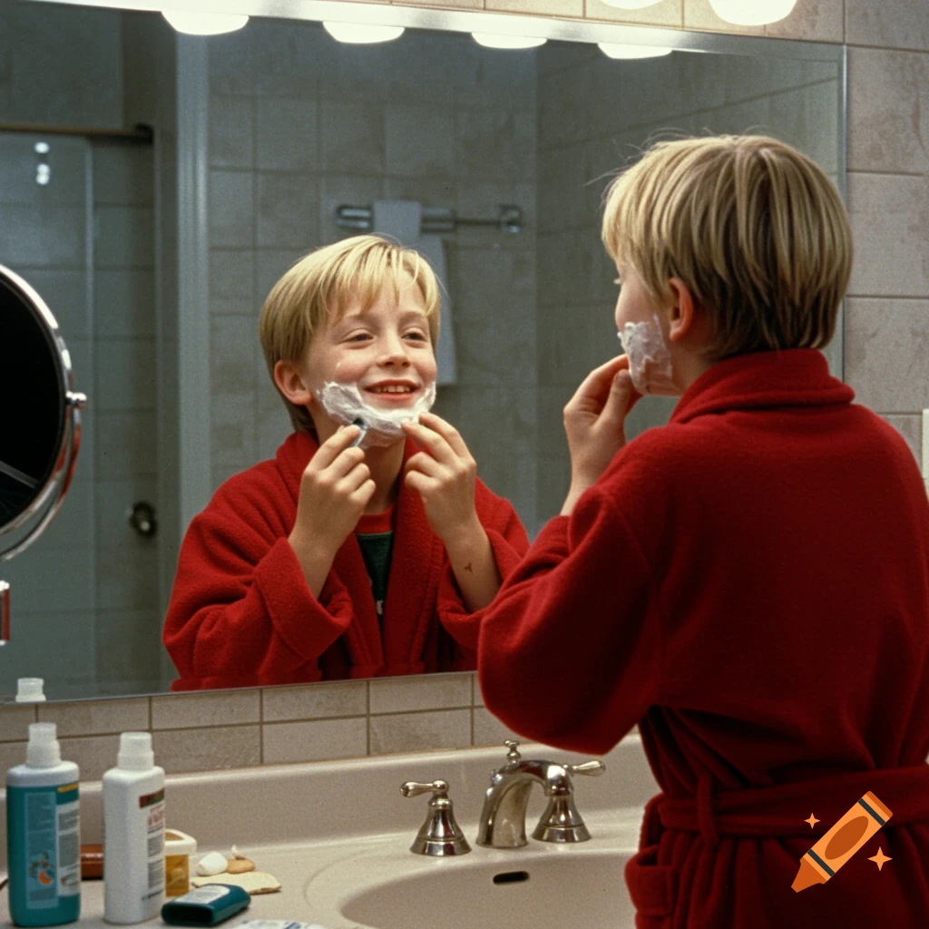 A young boy in a red robe with shaving cream on his face looks into a bathroom mirror, holding a razor.