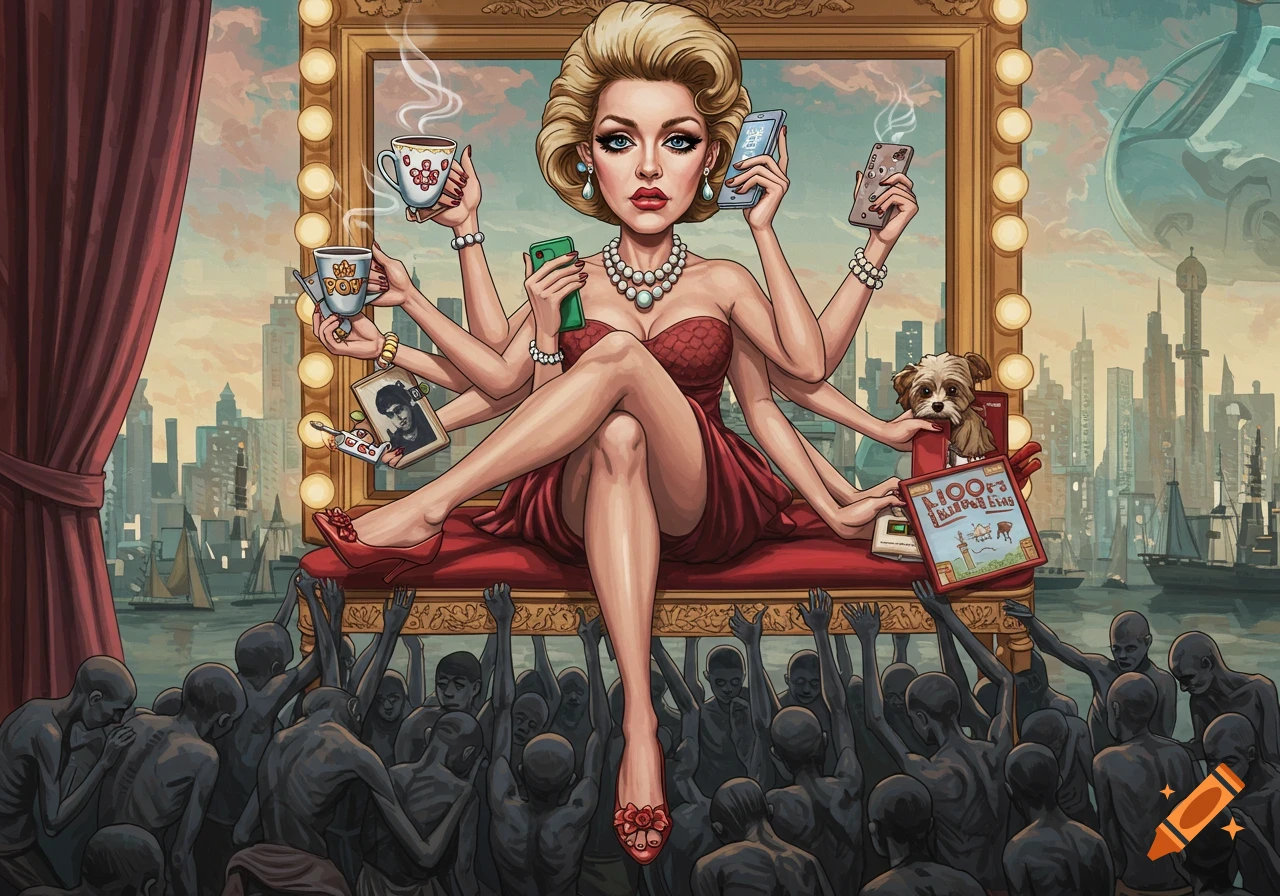 A multi-armed woman in a red dress sits on a throne held by emaciated figures, holding phones, coffee, and a book, in a satirical cartoon style.