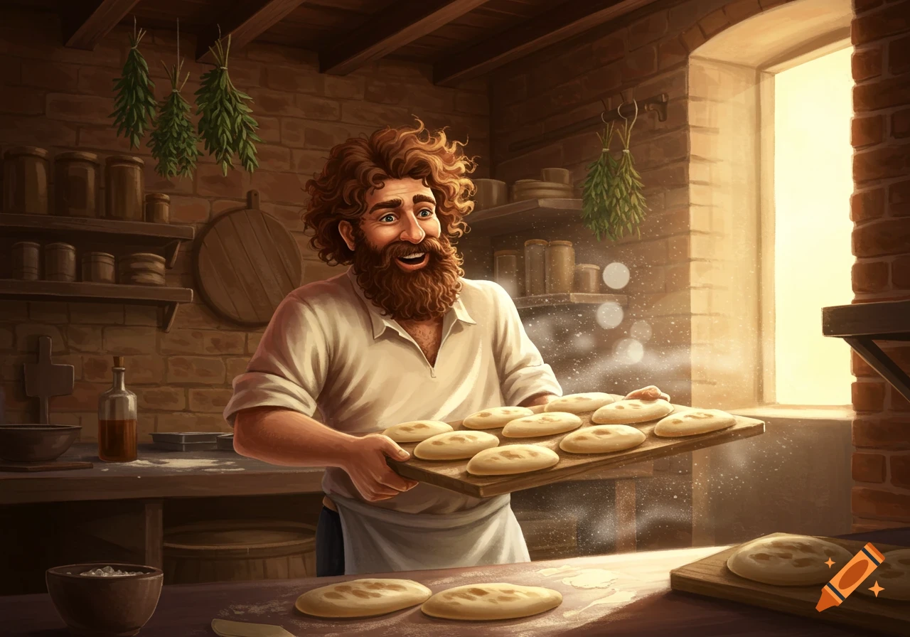 A smiling bearded man in an old-fashioned kitchen holds a tray of uncooked dough, with more dough on the table, in an illustrative style.