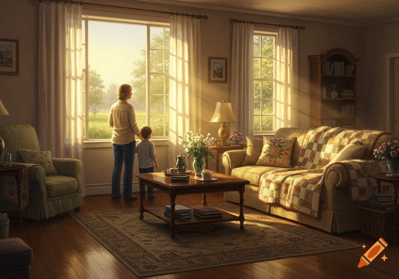 Mother and child look out a sunlit window in a cozy, painterly living room, bathed in warm golden light.