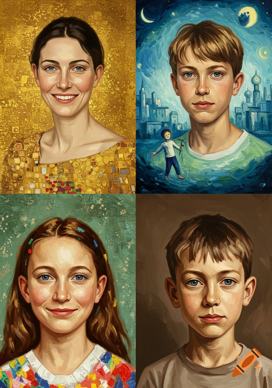 Four distinct painted portraits of a woman and three children, each in a different art style: Klimt, Chagall, Kandinsky, and Picasso.