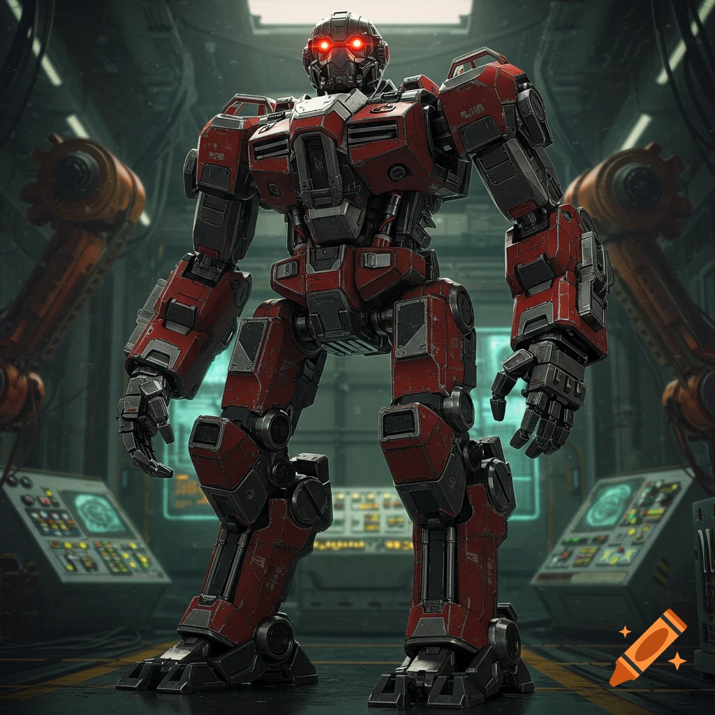 A large, imposing red and black robot with glowing red eyes stands in a futuristic industrial facility.