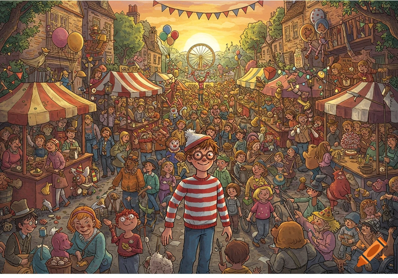 A detailed, colorful cartoon illustration of a bustling outdoor market with a large crowd and a character resembling Waldo.