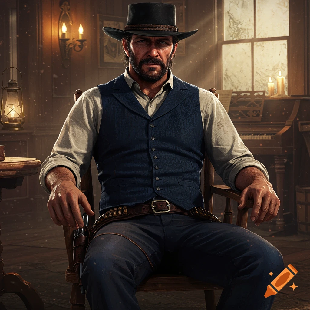 A serious man with a beard and a black cowboy hat sits in a chair in a dimly lit Western-style room.
