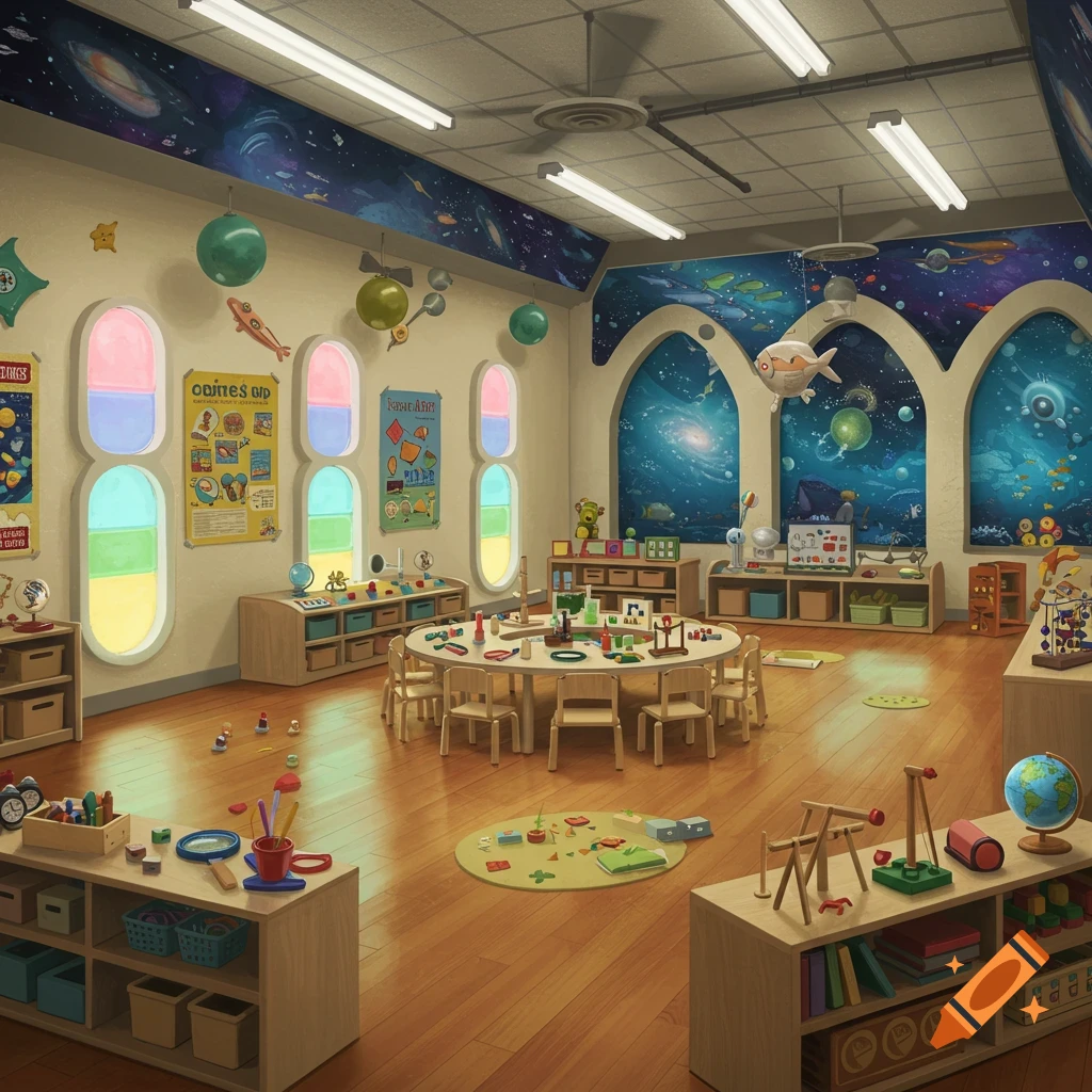 A brightly lit preschool classroom with wooden furniture, colorful toys, and murals of space and underwater scenes on the walls.