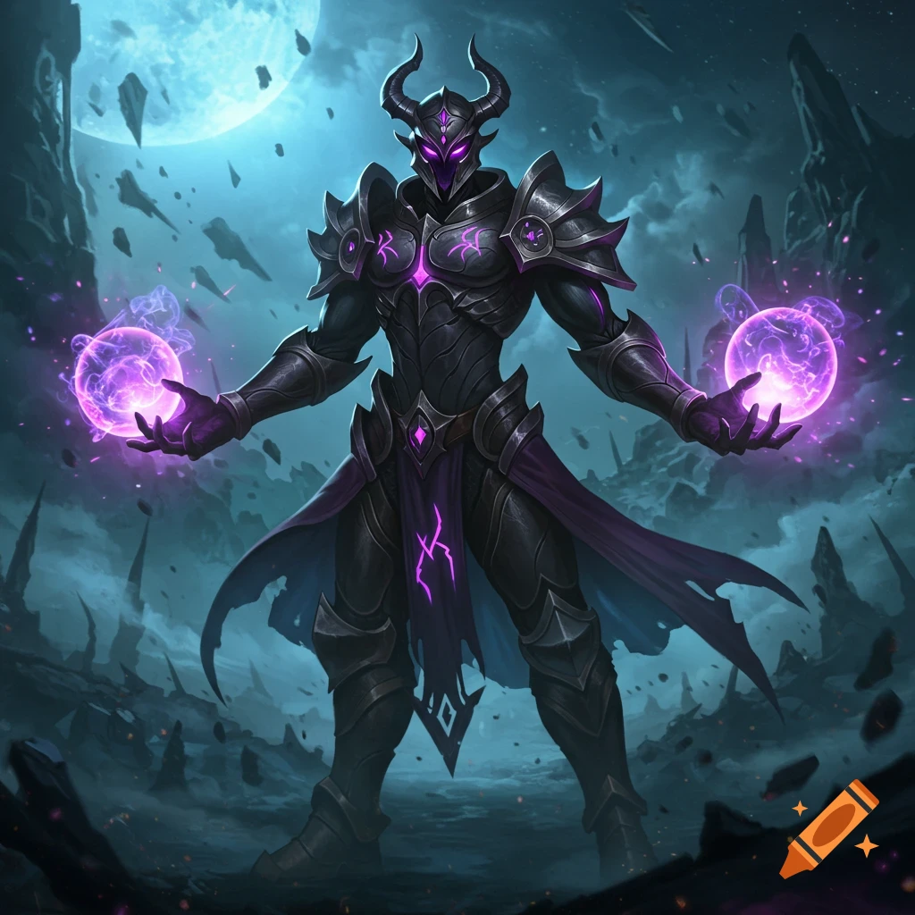 A dark, armored fantasy warrior with horns stands in a desolate landscape under a large moon, wielding two glowing purple magical orbs.