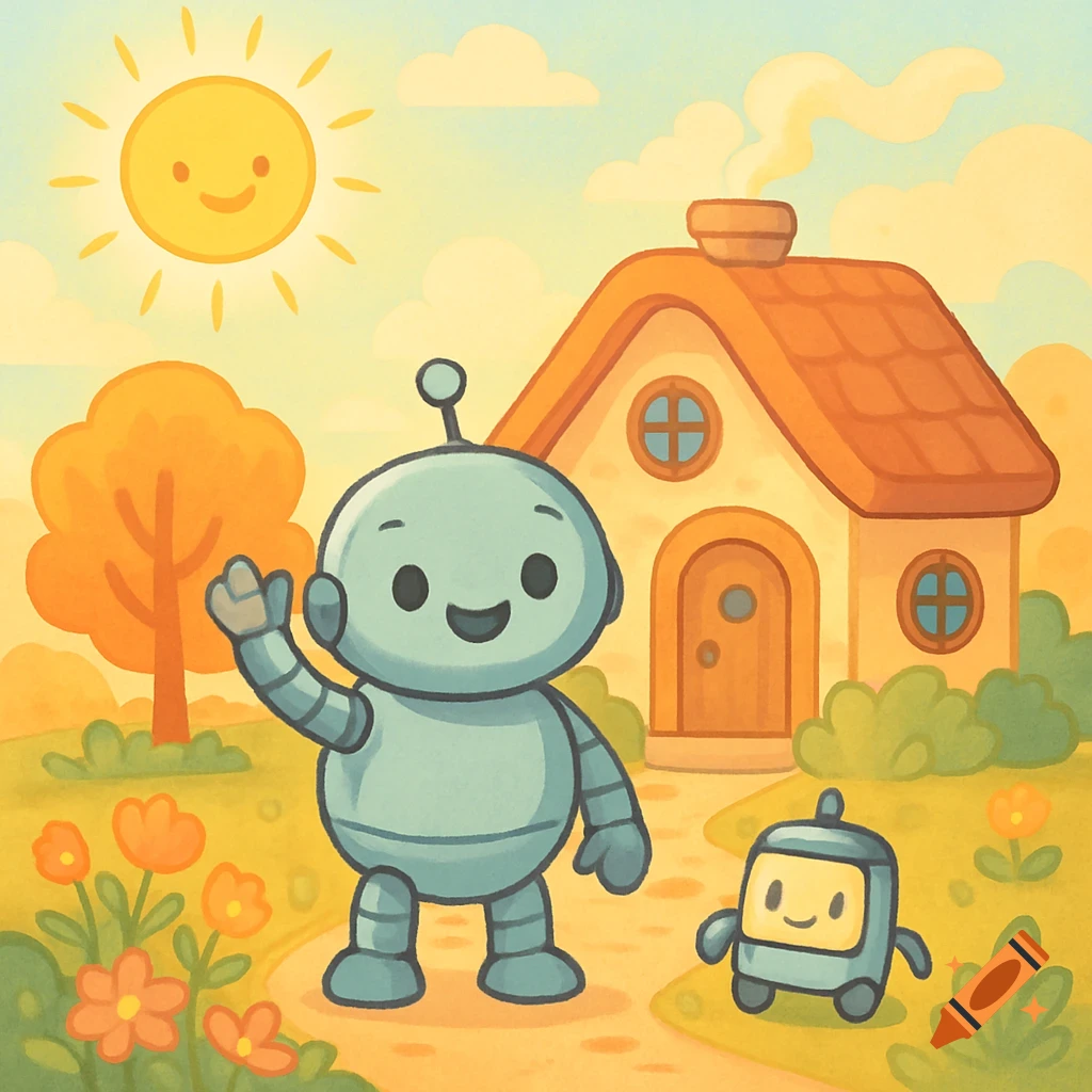 A friendly blue robot waves next to a smaller robot on a path in front of a house under a smiling sun, cartoon style.