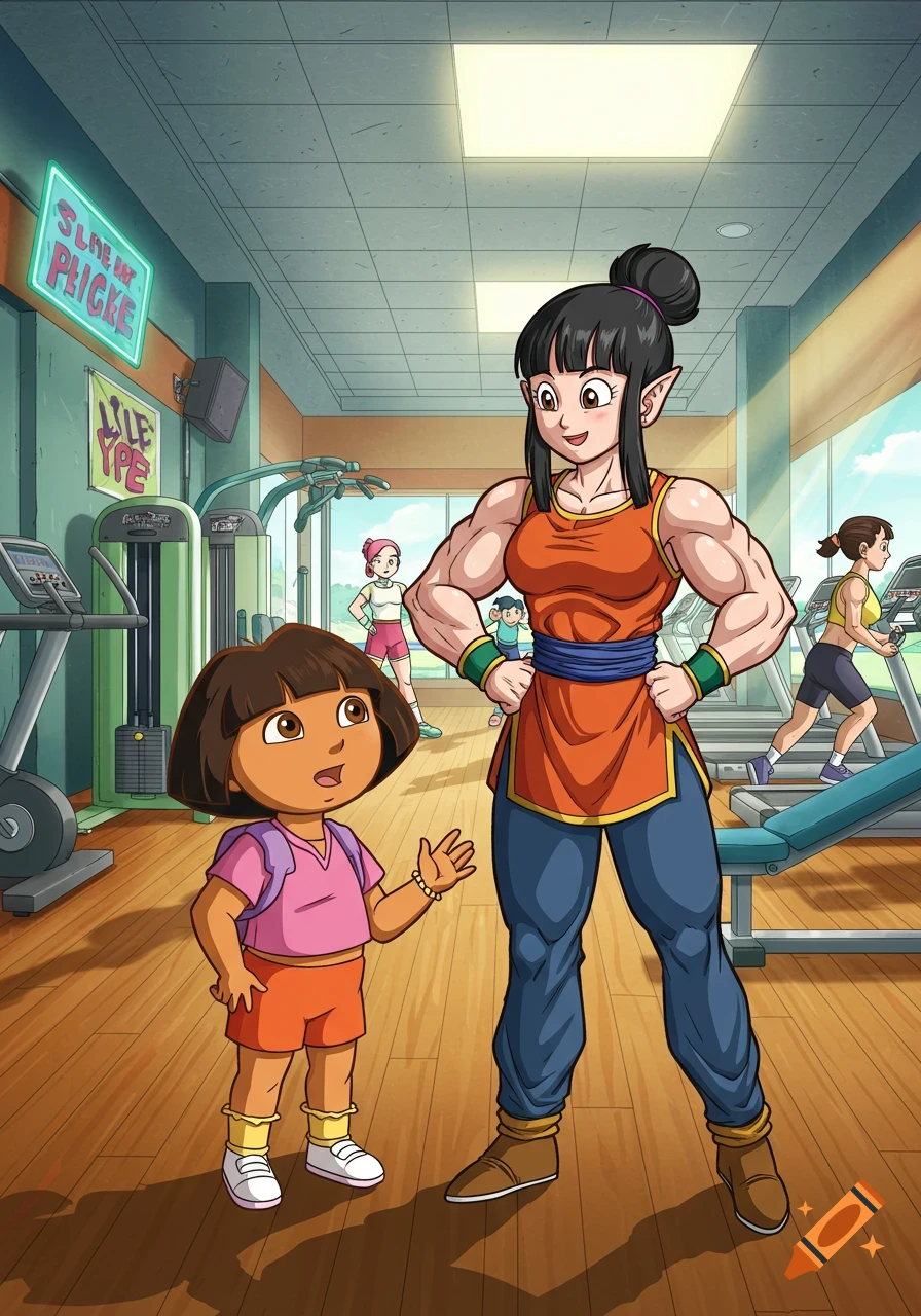 Cartoon of Dora the Explorer talking to a muscular Chi-Chi from Dragon Ball Z in a gym with people working out.