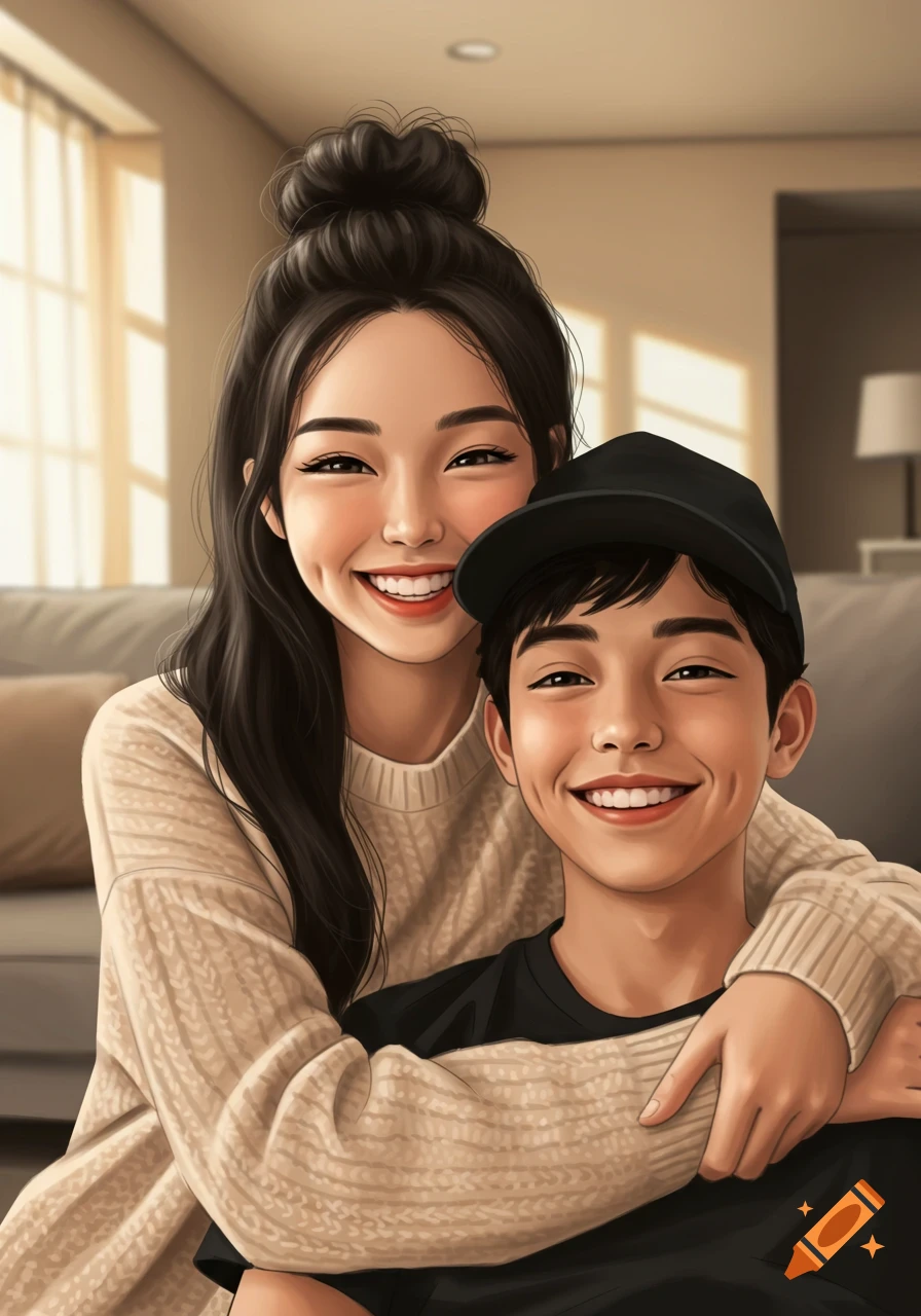 A digital drawing of a girl with a half-up bun hugging a boy in a cap, both smiling in an indoor setting.