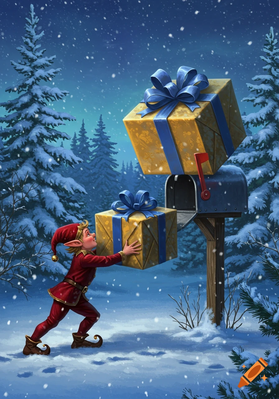 An elf in a red suit pushes a large golden gift box with a blue ribbon towards a snowy mailbox with another gift on top in a snowy forest.