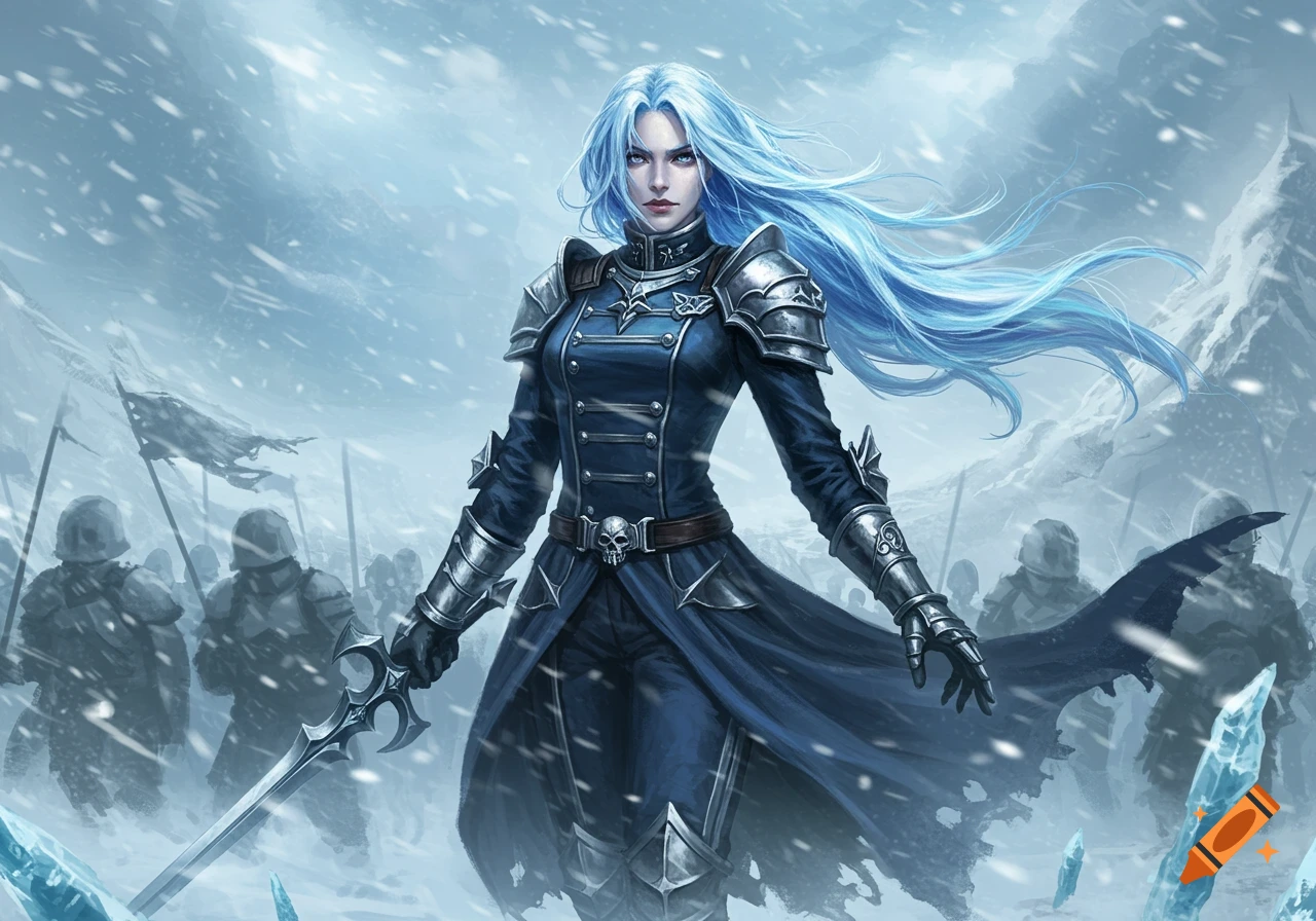 A female warrior with long blue hair in blue and silver armor holds a sword in a snowy battlefield with an army behind her.