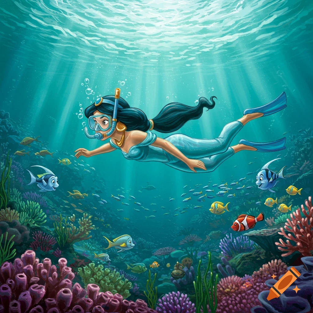Princess Jasmine snorkeling in a vibrant coral reef with colorful fish in a cartoon style.