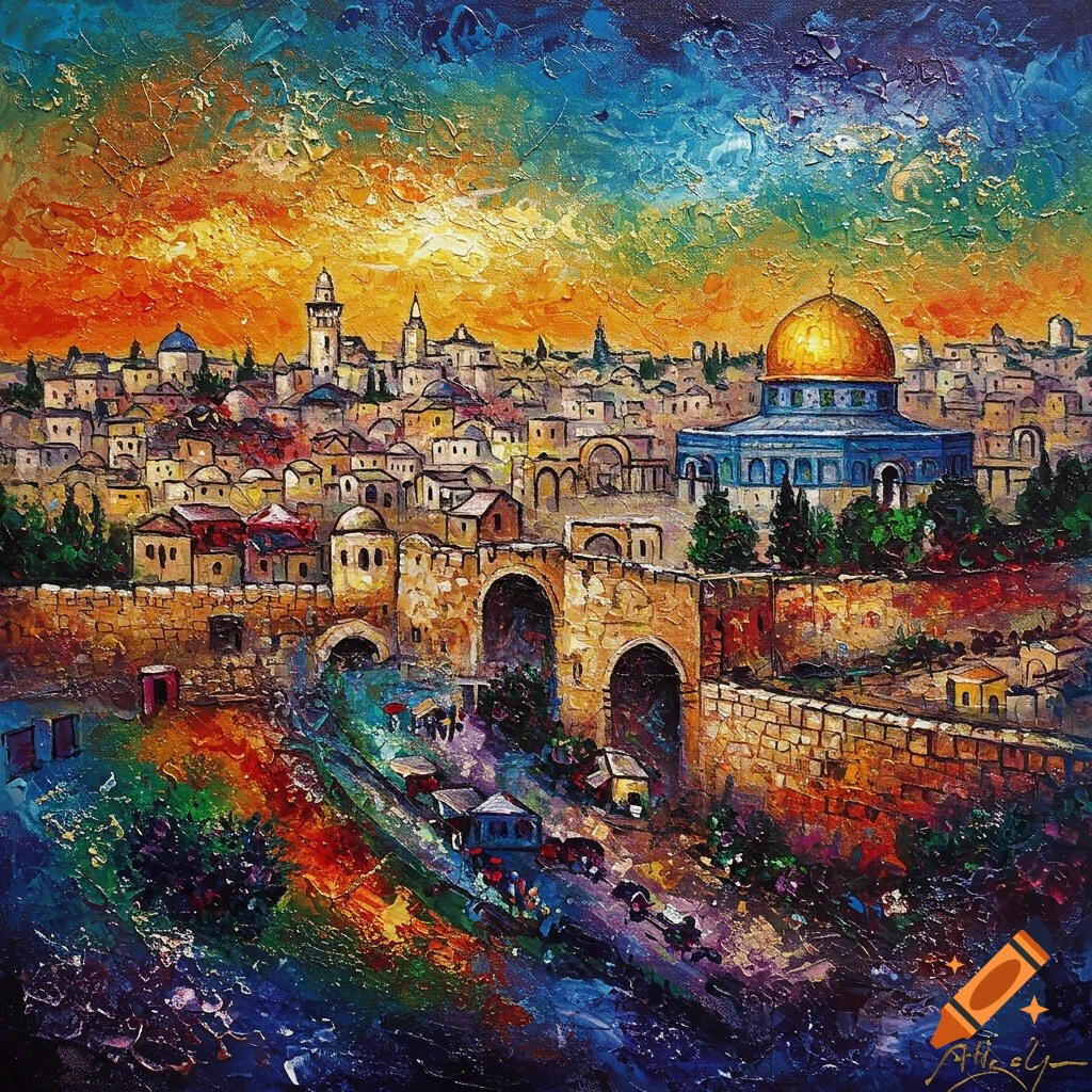 A vibrant, textured abstract painting of Jerusalem's Old City with the Dome of the Rock under a colorful sky, featuring thick impasto brushstrokes.