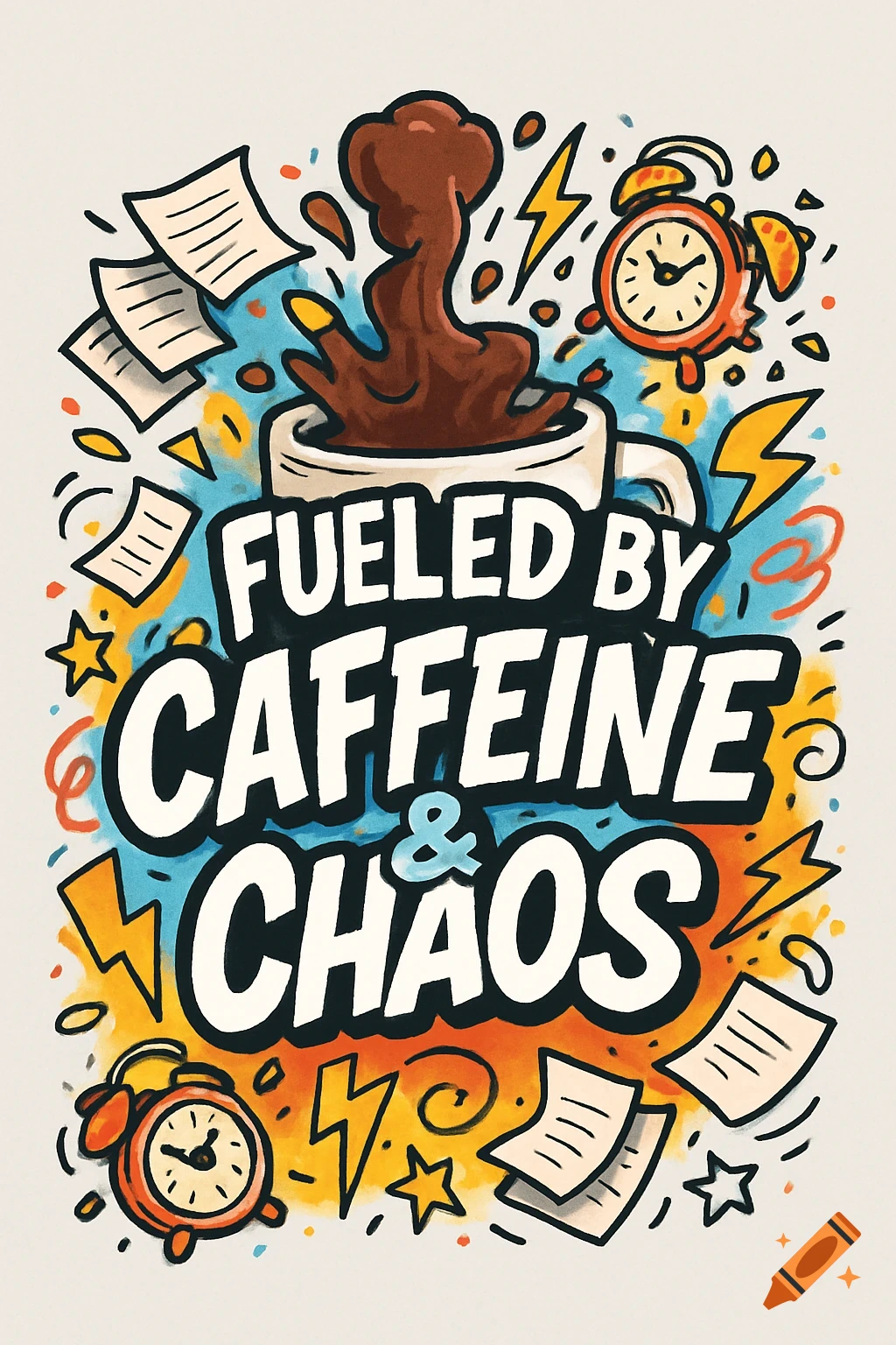 Cartoon illustration of a coffee mug overflowing with coffee, surrounded by papers, alarm clocks, and lightning bolts, with the text 'FUELED BY CAFFEINE & CHAOS'.