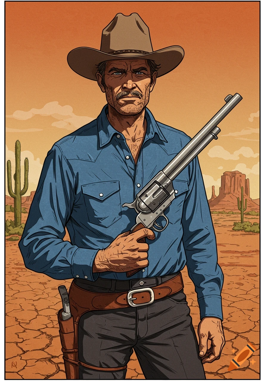 A retro-style drawing of a cowboy in a blue shirt and hat holding a revolver in a desert landscape.