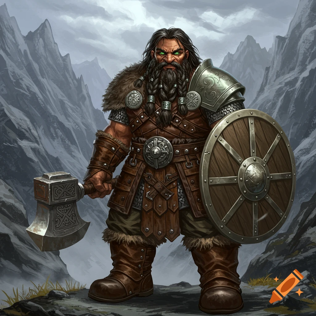 A fierce dwarf warrior with a long beard and green eyes, wearing leather and fur armor, holds a large axe and shield in a mountain landscape.
