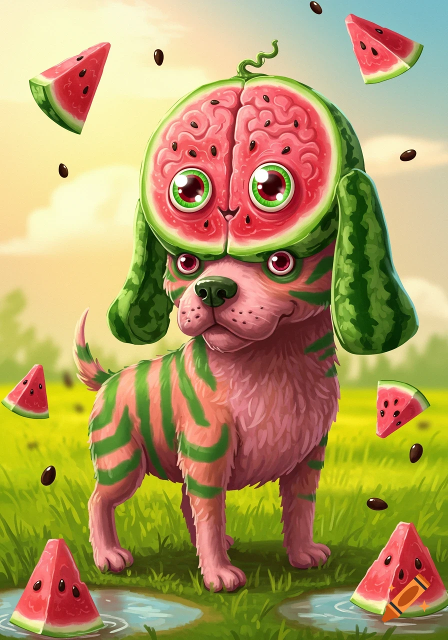 A vibrant cartoon illustration of a pink dog with green stripes wearing a watermelon-shaped brain cap with large green eyes, standing in a grassy field with floating watermelon slices and seeds.