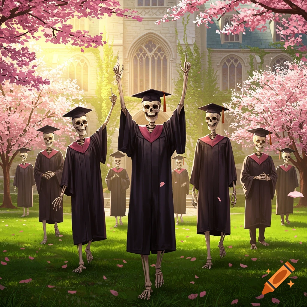 A group of skeletons in graduation robes and caps celebrate on a university campus with pink cherry blossom trees.