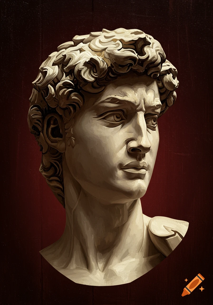 A painted bust of Michelangelo's David statue, rendered in an oil glaze style against a dark wooden background.