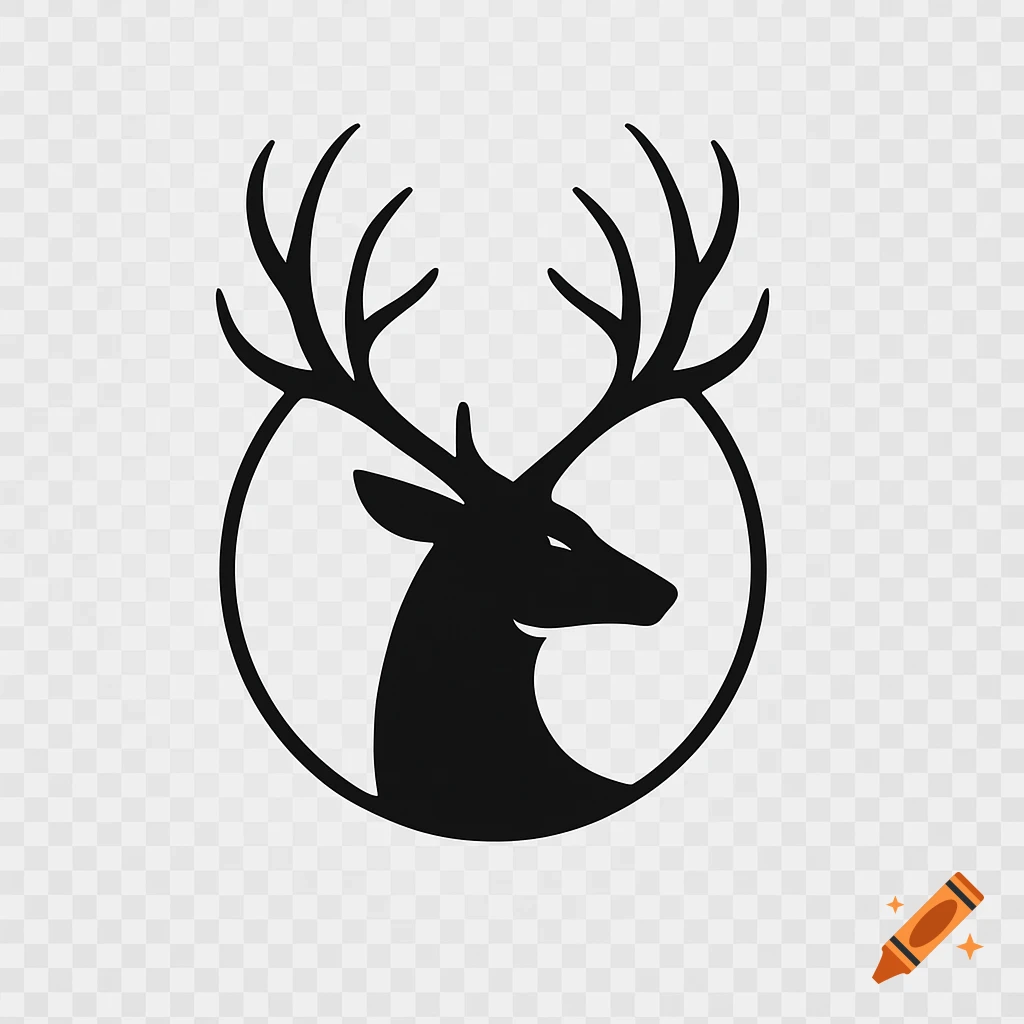 Black silhouette logo of a deer head with antlers in a circle.