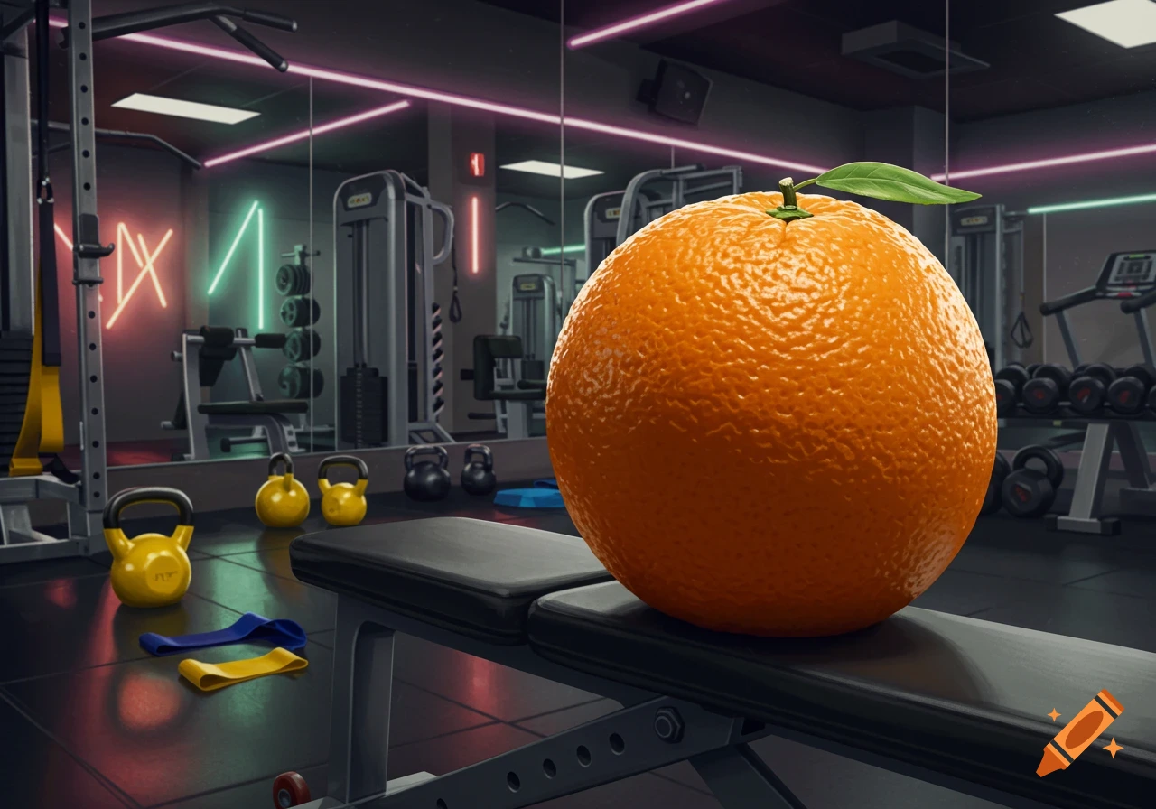 A large, vibrant orange sits on a black gym bench in a modern gym with neon lights and exercise equipment.