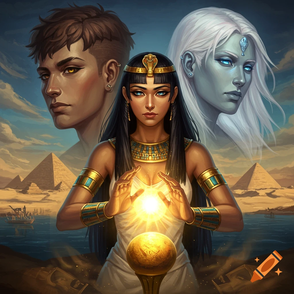 A fantasy illustration of an Egyptian goddess with a glowing orb between her hands, flanked by two male figures, with pyramids and the Nile in the background.